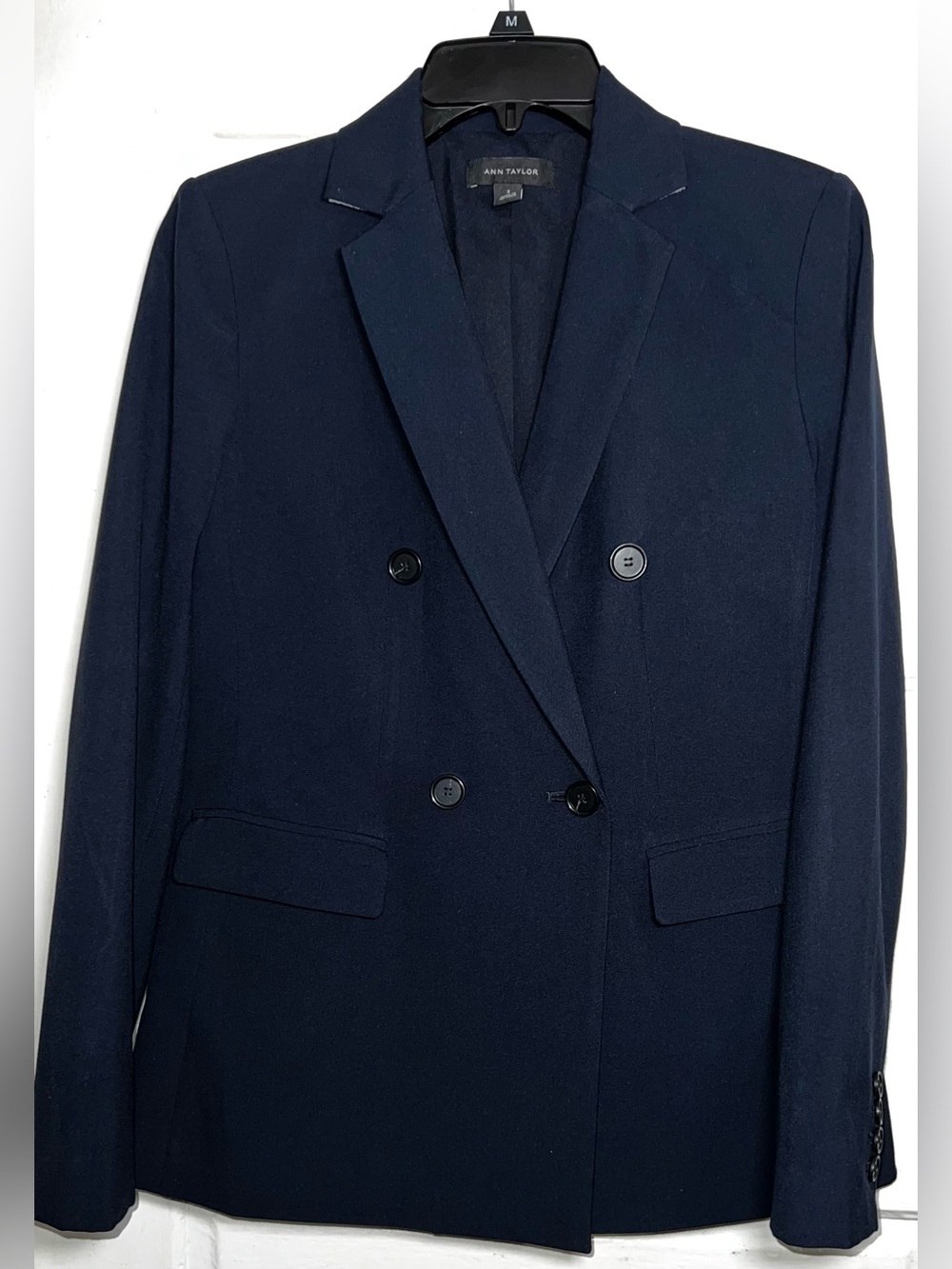 Ann Taylor Navy Double-Breasted Blazer with Notch Lapel